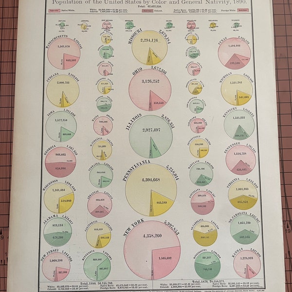 Population of the United States by Color and General Nativity, 1890, Antique Color Chart Rand McNally c 1899 World Atlas Wax Etching Print