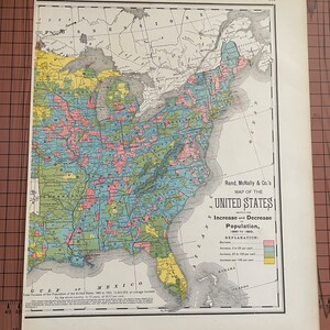 1880 年から 1890 年までの米国東部の人口の変化、アンティーク カラー マップ Rand McNally c 1899 World Atlas オリジナル ワックス エッチング プリント