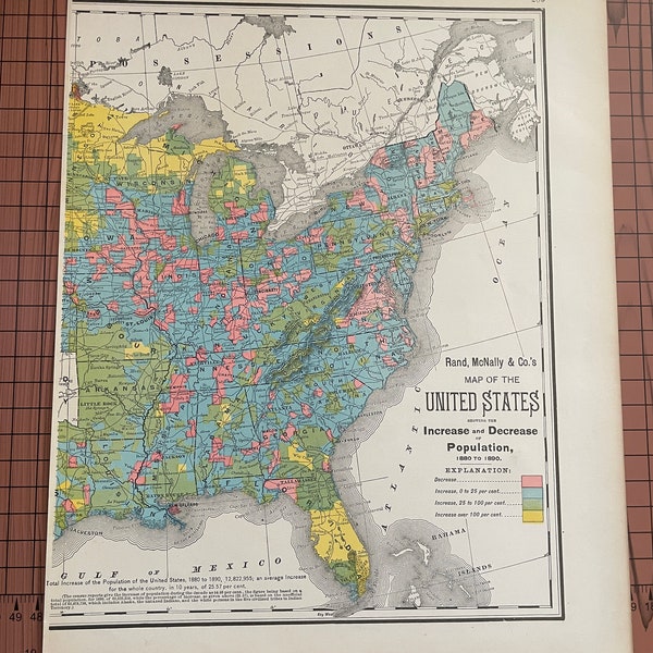 Change Eastern United States Population, 1880 to 1890, Antique Color Map Rand McNally c 1899 World Atlas Original Wax Etching Print