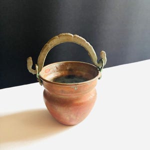 Vintage Mini Kopparkruka Hink med Handtag Dekorativ Liten Kittel Planter