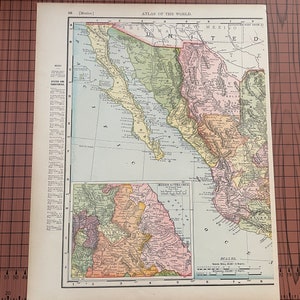 アンティーク メキシコ地図、アンティーク カラー マップ ランド マクナリー 1899 年頃 世界地図帳 1890 年代 ワックス彫刻 北アメリカ 西メキシコ x1 x 14 ヴィンテージ マップ