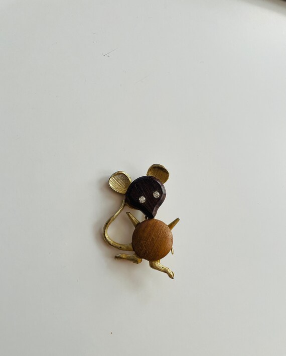 Vintage Mouse Brooch Metal Rhinestone Wood Pin Co… - image 2