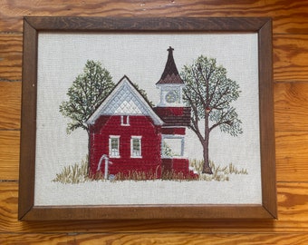 Framed Vintage Crewel Embroidery Red School House from the 1970s