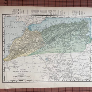 Algerien, Tunis und Marokko Karte, Antike Farbe Karte Rand McNally c 1899 Welt Atlas Original Wachs Radierung Nordafrika Land