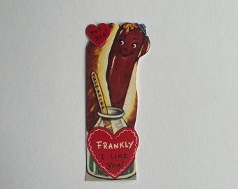 Nourriture pour hot-dog anthropomorphe vintage Frank Kitsch carte de voeux pour la Saint-Valentin c années 1950 inutilisé New Old Stock Fuld and Co Lustre Brite