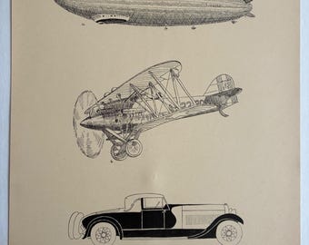 Antique Print Graf Zeppelin Curtiss Aeroplane Isotta Fraschini Roadster Car