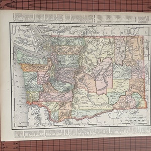 アンティーク ワシントン マップ、アンティーク カラー マップ ランド マクナリー 1899 年頃 世界地図帳 1890 年代 ワックス彫刻 米国州 11 x 14 ヴィンテージ マップ
