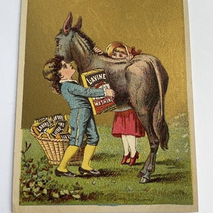 Antique Lavine Soap TradeCard featuring children with a donkey and basket of clothes, Hartford Connecticut, from the 1880s