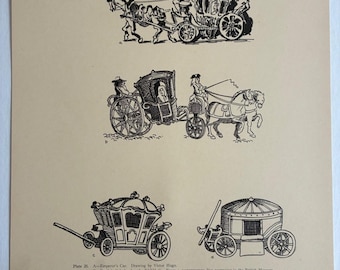 Antique Print Horse Drawn Wagon, Italian Coach Emperor Car Vintage Wall Art