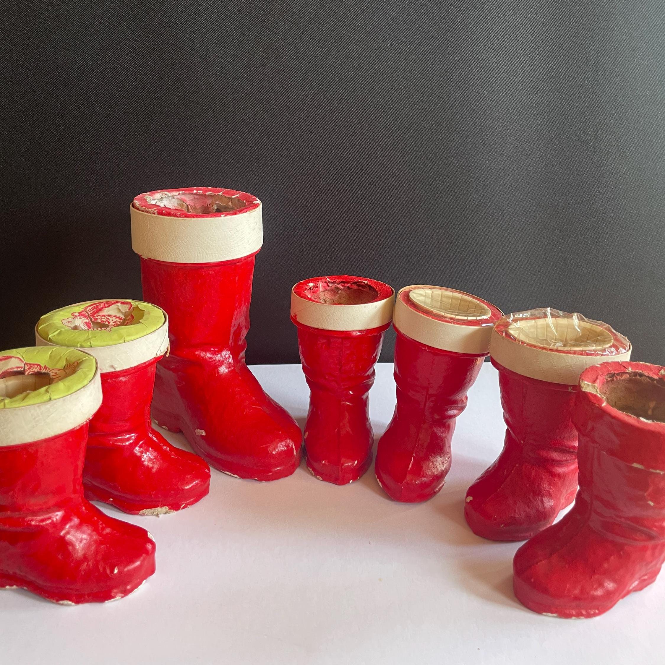 40s 50s スーベニア US VINTAGE SOUVENIR サテン 赤系 Vintage Paper Mache Red Santa Boot Mid Century Christmas Candy
