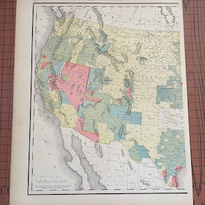 1880 年から 1890 年までの米国西部の人口の変化、アンティーク カラー マップ Rand McNally 1899 年頃 世界地図帳 オリジナル ワックス エッチング プリント