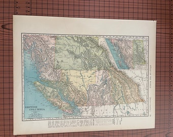 Antique British Columbia Map, Antique Color Map Rand McNally c 1899 World Atlas 1890s Wax Engraving North America West Canada Vintage Map