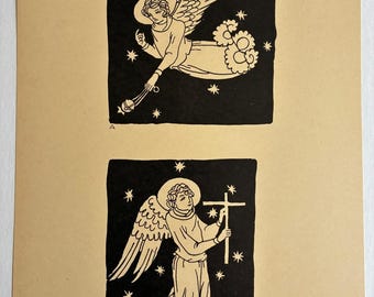 Antique Print Religious Figures Angels Florence 15th Century Lucca 14th Century