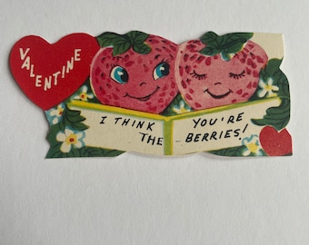 Tarjeta de felicitación vintage de San Valentín con fresas antropomórficas, diseño de frutas, kitsch, con texto en inglés &quot;Punny&quot;, de la década de 1950, sin usar, nueva, antigua, Fuld and Co Lustre Brite