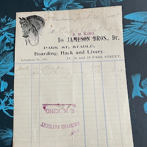 Antique Charlestown MA Ephemera - EM King Park Street Stable, Boarding, Hack, Livery Receipt from 1905, for Captain Eaton