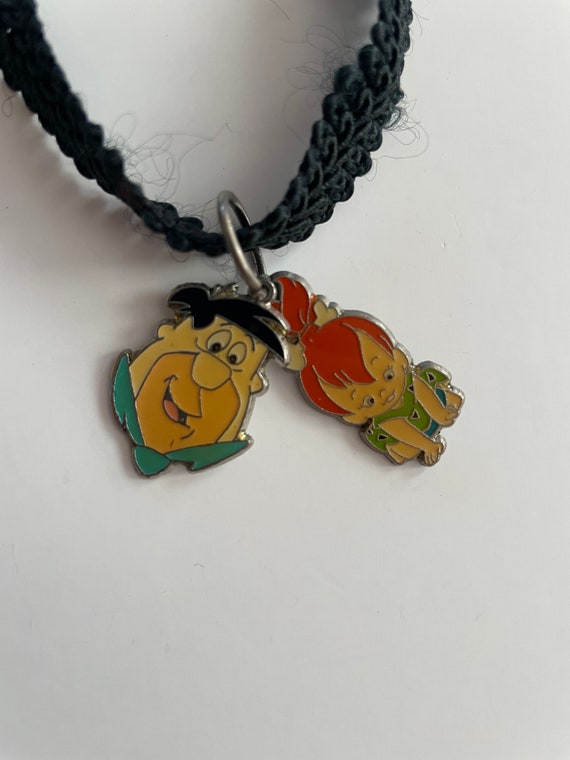 Vintage 1994 Flintstones Fred and Pebbles Enamel Pendant Black Fabric Choker Necklace HBPI 1990s Jewelry