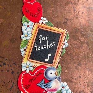 Kitsch Cute Blue Bird w Chalkboard "Para Professor" Cartão de Saudação Vintage Valentine c 1950s Novo Estoque Antigo Não Usado