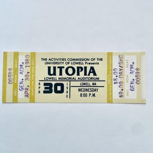 Todd Rundgren UTOPIA Vintage 1980er Jahre Unbenutzte Konzertkarte UNIVERSITY of Lowell 30.April 1980 Rock Band Show