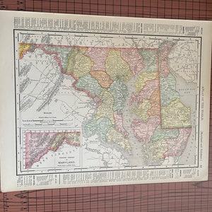 アンティーク メリーランド州とデラウェア州の地図、アンティーク カラー マップ ランド マクナリー 1899 年頃 世界地図帳 1890 年代 ワックス彫刻 米国州 11 x 14 マップ