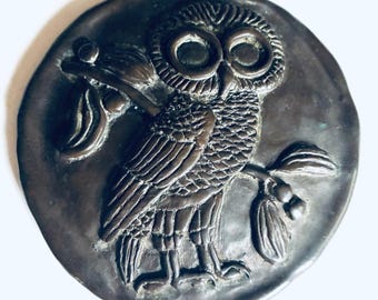 Vintage Chalkware Owl Greek Athenian Coin Medallion Wall Plaque Home Decor