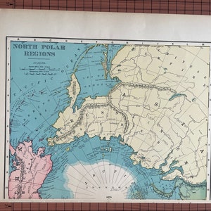 Nordpolregionen Karte, Pazifischer Ozean, Alaska, Sibirien, Asien, Antike Farbkarte Rand McNally c 1899 Weltatlas Original Wachsdruck