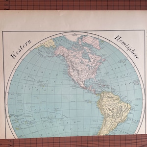 アンティーク西半球地図、アンティークカラー地図 ランドマクナリー 1899年頃 世界地図帳 オリジナル 1890年代 ワックス彫刻プリント