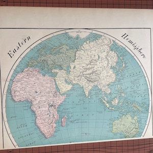アンティーク東半球地図、アンティークカラー地図 ランドマクナリー 1899年頃 世界地図帳 オリジナル 1890年代 ワックス彫刻プリント