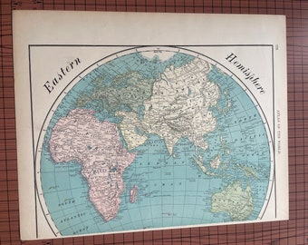 Antique Eastern Hemisphere Map, Antique Color Map Rand McNally c 1899 World Atlas Original 1890s Wax Engraving Print
