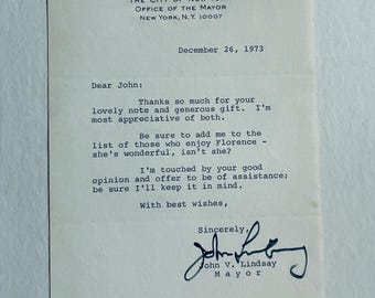 John V Lindsay Mayor of New York Signed Letter 1973 to John Miller City letter