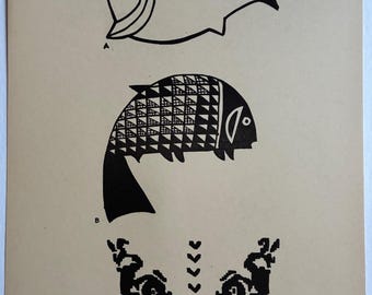 Antique Print Animal Motif Fish Peruvian Native American Egyptian Artwork