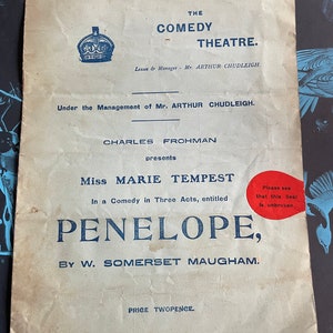 The Comedy Theatre Program from 1909 for Penelope by W. Somerset Maugham starring Miss Marie Tempest - Antique Theater Ephemera