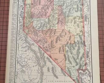 Antique Nevada Map, Antique Color Map Rand McNally c 1899 World Atlas 1890s Wax Engraving Western US State 11 x 14 Vintage Map