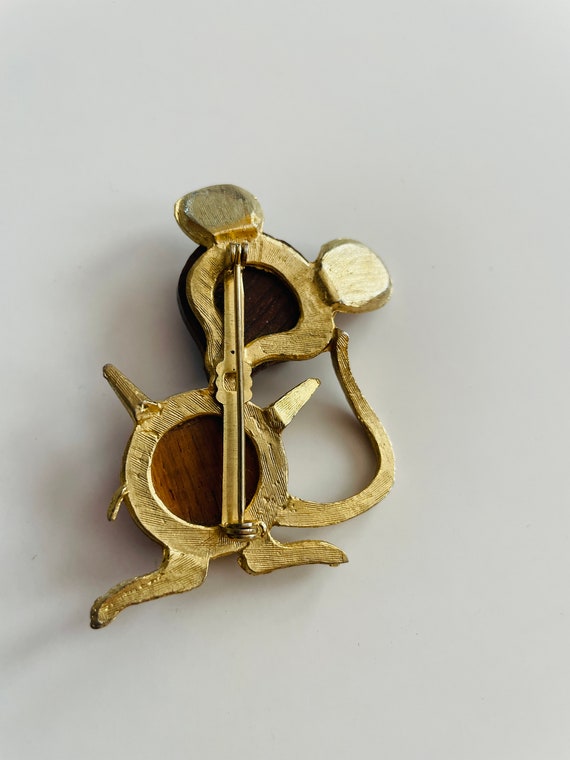 Vintage Mouse Brooch Metal Rhinestone Wood Pin Co… - image 3