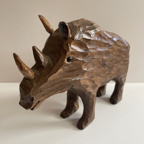 Vintage American Folk Art Hand Carved Wood Rhinoceros, cute rhino sculpture
