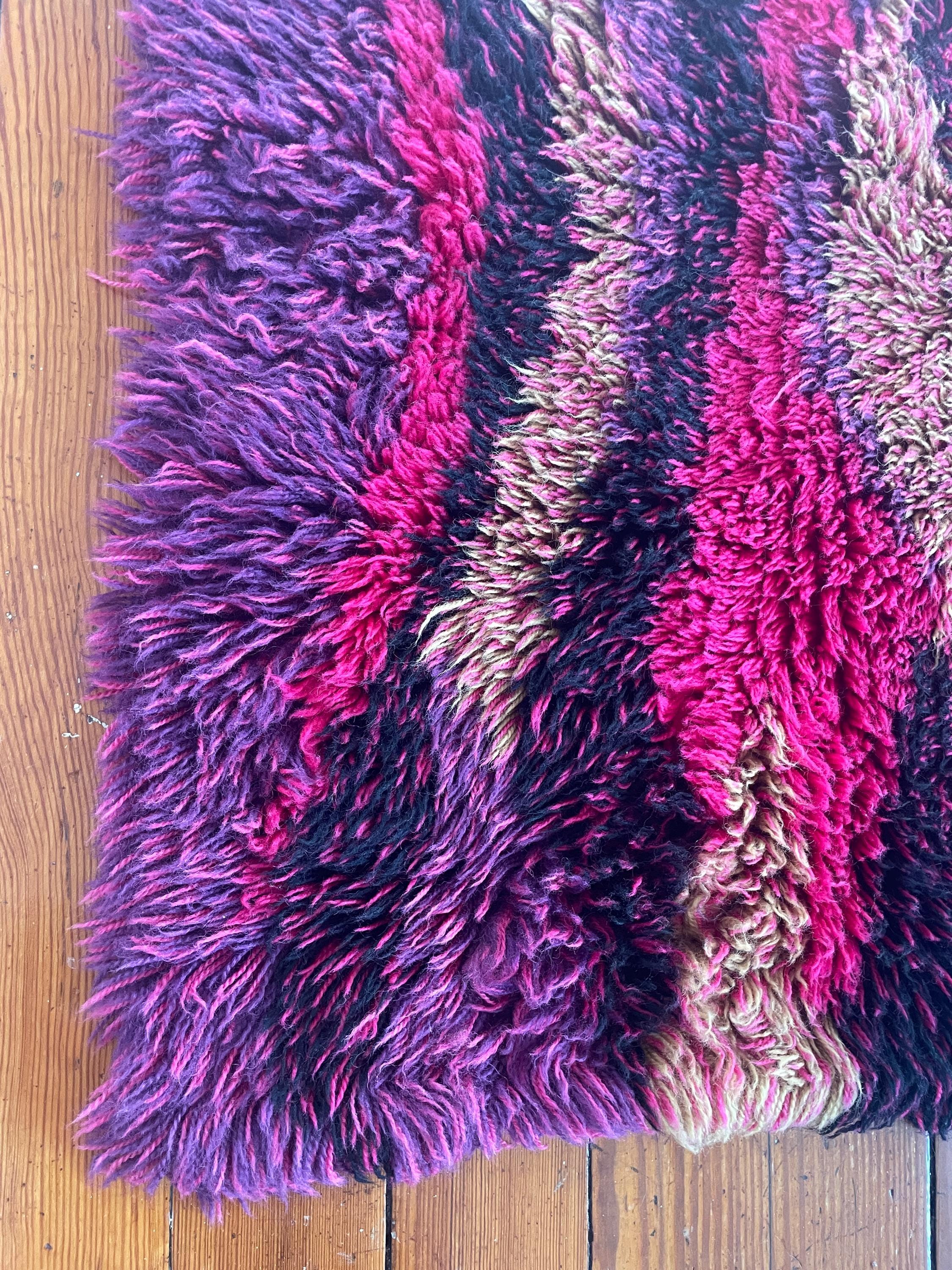 Vintage C 1960s Scandinavian Rya Shag Wool Rug Abstract Waves in Bold ...