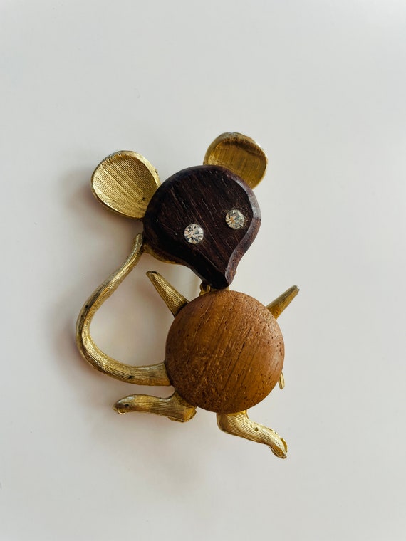 Vintage Mouse Brooch Metal Rhinestone Wood Pin Co… - image 1