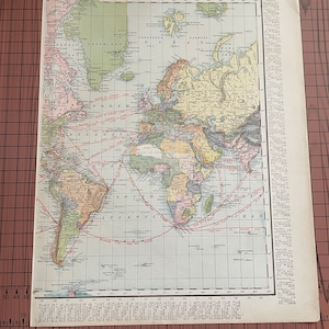 アンティークの世界地図には港間の距離が示されています。アンティークのカラー地図、ランド・マクナリー、1899 年頃、世界地図帳、1890 年代のオリジナル、ワックス彫刻