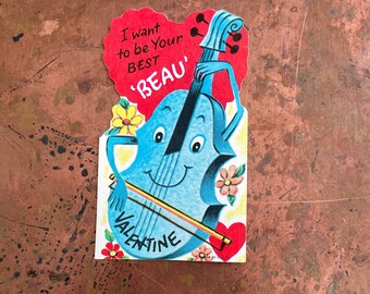 Anthropomorphes Bass-Instrument ""I want to be your best beau"" Valentinstags-Grußkarte mit Bogen 1950er / 1960er Jahre"