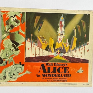 Alice in Wonderland Walt Disney 1951 Original Movie Lobby Card Featuring Alice being led to trial in front of Queen of Hearts