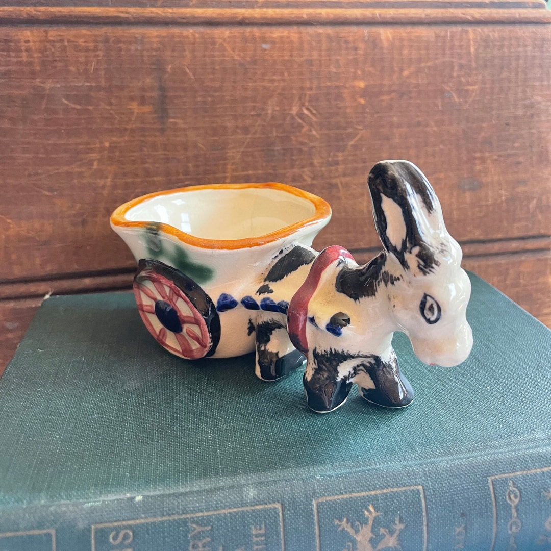 Colorful Ceramic Donkey Pulling Cart Figurine Planter Vintage Mid