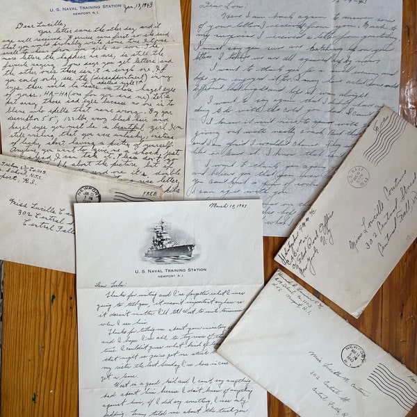 Vintage Correspondence - 3 handgeschriebene Briefe an Lucille Couture von der Kampfgeschwader US Navy 1943 aus dem Zweiten Weltkrieg Notizen nach Rhode Island