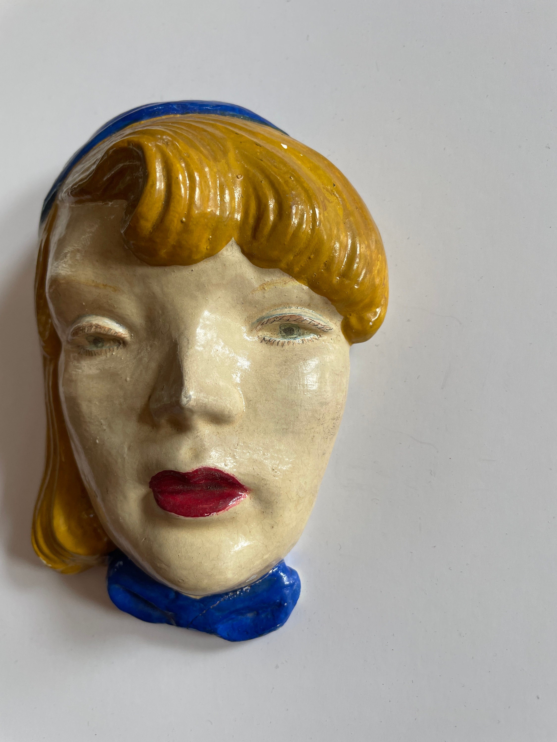Vintage Art Deco Women's Face Wall Mask Blue Hat Blonde Hair Blue Eyes Bust Plaque Signed LEO Etsy
