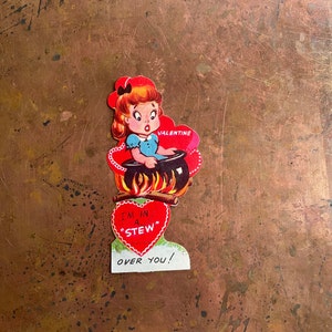 Creepy Dark Cutsie Girl in a Cauldron &quot;In a Stew&quot; Vintage Valentine Greeting Card c 1950s Unused New Old Stock