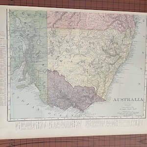 アンティーク南オーストラリア地図、アンティークカラー地図 ランドマクナリー 1899年頃 世界地図帳 オリジナル 1890年代 ワックス彫刻
