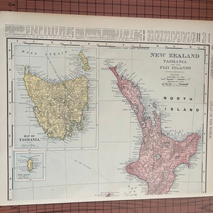 アンティークのニュージーランド地図、タスマニア、フィジー諸島、アンティークのカラー地図、ランドマクナリー、1899年頃、世界地図帳、オリジナル、1890年代のワックス彫刻