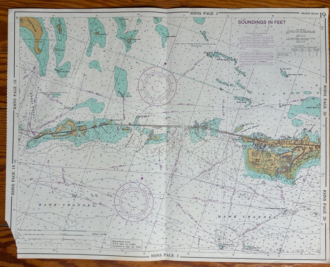 Vaca Key Navigation Chart Vintage Nautical Chart Florida Keys, Bahia Honda Key, Little Pine Key ...