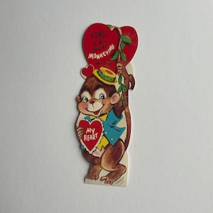 Monkeying with my Heart Anthropomorphic Monkey Kitsch Vintage Valentine Greeting Card c 1950s Unused New Old Stock Fuld and Co Lustre Brite
