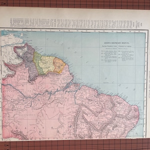 アンティークのブラジルとギアナの地図、南アメリカの地図、アンティークのカラー地図、ランドマクナリー、1899年頃の世界地図帳、オリジナルのワックス彫刻プリント