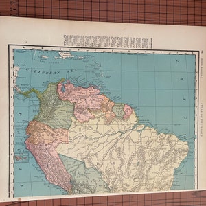 アンティーク南米地図、アンティークカラー地図 ランドマクナリー 1899年頃 世界地図帳 1890年代 ワックス彫刻 ベネズエラ コロンビア エクアドル ペルー地図