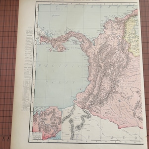 Antike Landkarte Kolumbien Venezuela Landkarte, antike Farbkarte Rand McNally c 1899 Weltatlas Original-Wachsgravur der 1890er Jahre